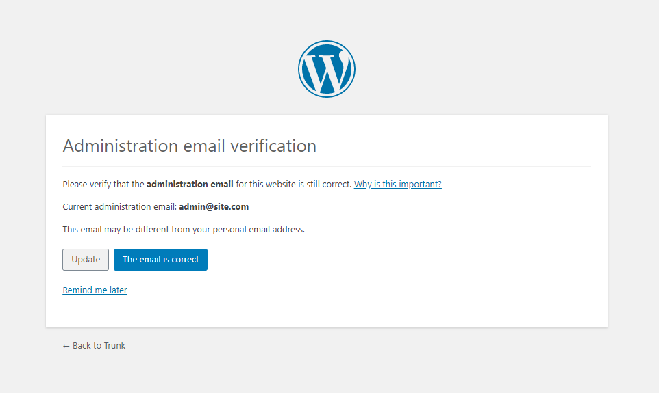 Screenshot of admin email verification during WordPress login